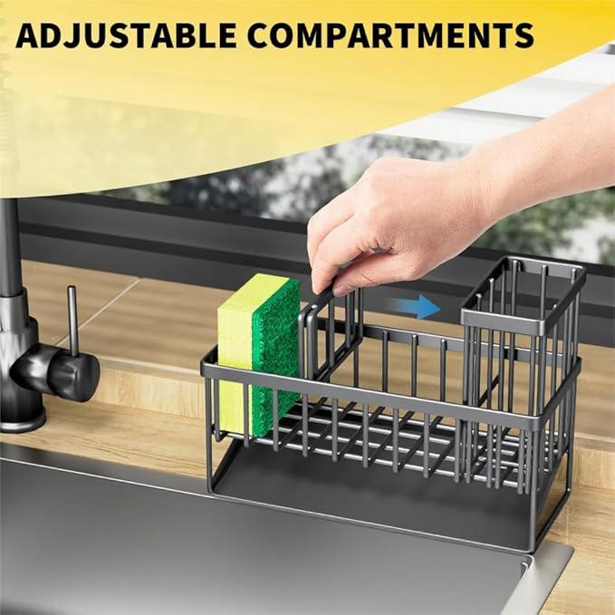 Cisily Sink Caddy Organzier with High Brush Holder, Sponge Holder for Sink, 304 Rustproof Stainless, Kitchen Countertop Soap Dispenser Organizer, Dark Gray Kitchen Decor and Accessories-NeatNest