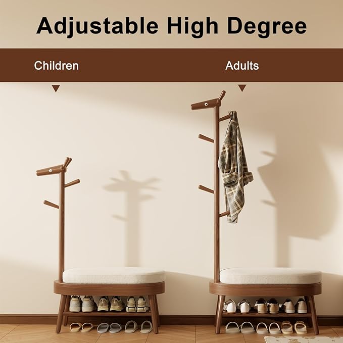 Shoe Bench Entryway,Coat Rack with Shoe Storage, Coat Rack and Shoe Rack, Wooden Narrow Shoe Bench（Walnut）