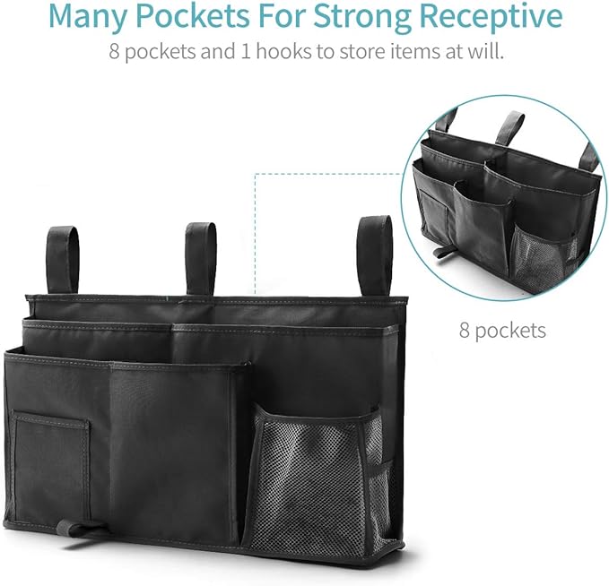 Bseash Bunk Bed Organizer, Bedside Caddy Hanging Bed Organizer Storage Bag 8 Pockets, for College Dorm Rooms Bed, Hospital Bed, Baby Bed Rails, 600D Oxford Cloth-NeatNest