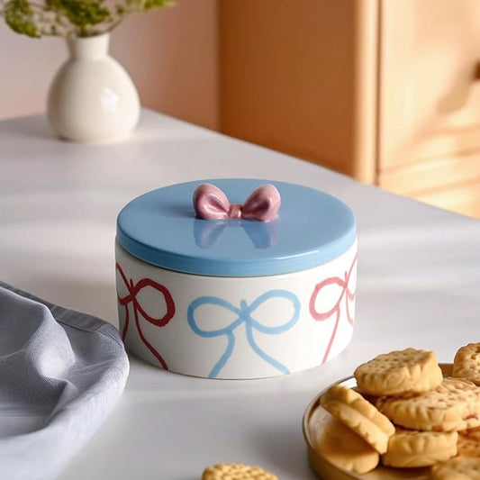Cookie Jars with Lid Airtight, Wide Mouth Large Ceramic Food Storage Containers, Hand-Drawn Bow Kitchen Canisters for Countertop, Suitable for Home Decor of Coffee, Sugar, Tea, Flour, Dog Treat-NeatNest
