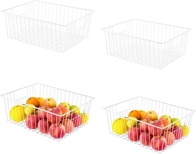 Freezer Organizer Bins, Upright Freezer Baskets for 16, 17, 21 cu.ft Standup Freezer, Wire Storage Baskets with Built-in Handles, 4Pcs, White