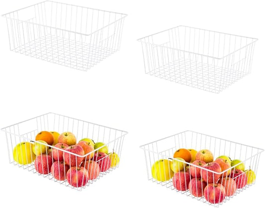 Freezer Organizer Bins, Upright Freezer Baskets for 16, 17, 21 cu.ft Standup Freezer, Wire Storage Baskets with Built-in Handles, 4Pcs, White