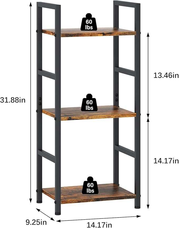 Bookshelf Storage Shelf Bookcase, 3 Tier Industrial Bookcase,Small Book case for Living Room, Bedroom, and Home Office, Easy Assembly Free Combination Multi-Functional Organizer(3 Tier,Rustic Brown)-NeatNest