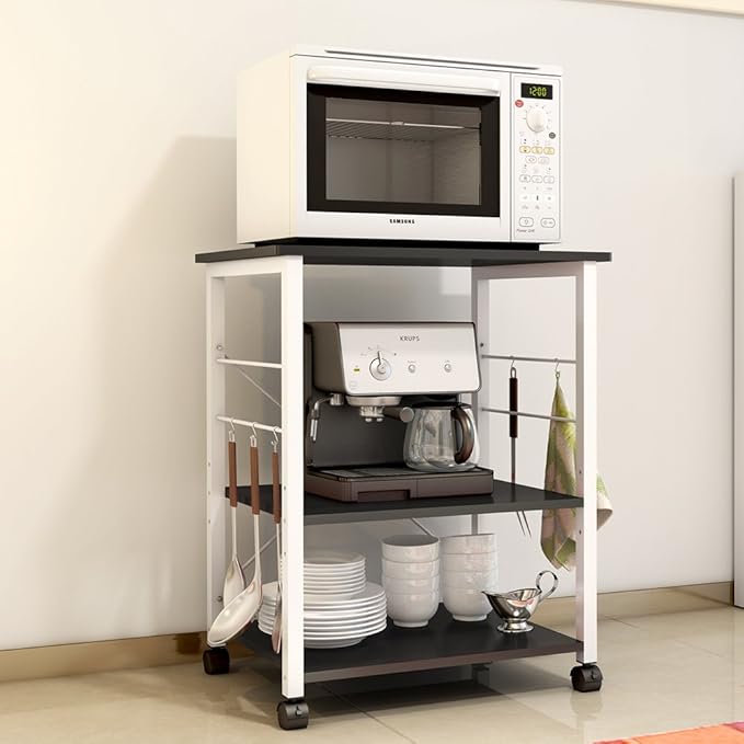 soges 3-Tier Kitchen Baker's Rack, Utility Microwave Oven Stand Cart with Storage Shelves, Small Coffee Cart Station on Wheels, Black W4-BK-N