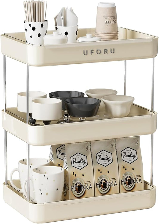 Countertop Coffee Station Organizer, 3 Tier Wine Glass Holder, Mug Shelf with Removable Drain Tray, Spice Rack for Kitchen, Bathroom Countertop Organizer, Cream White-NeatNest