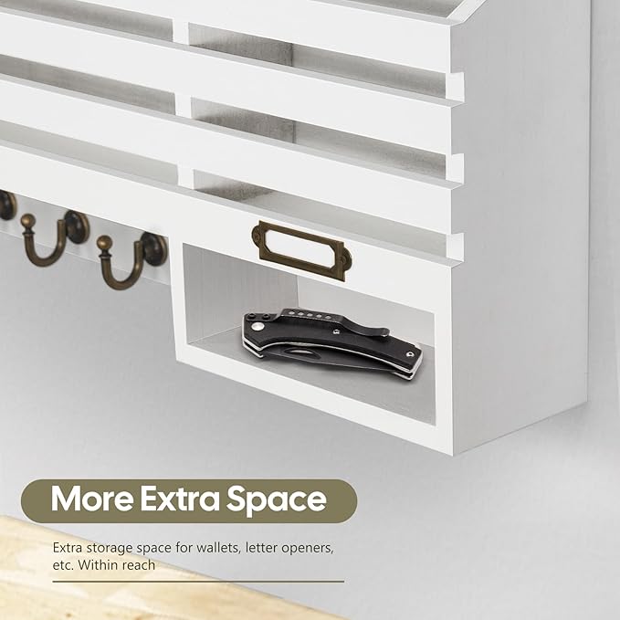 FifthQuarter Key Holder for Wall: Easy Mounted Key Rack and Mail Organizer with Store Shelf and Four Sturdy Keys Hooks Decor in Kitchen|Farmhouse|Entryway|Mudroom (White)