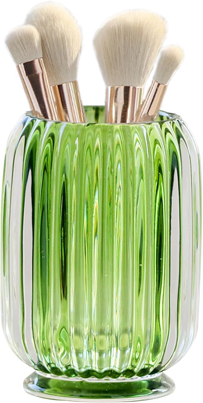 Crystal Makeup Brush holder Organizer, Vintage Make Up Brush Cup Pen Pencil Holder striped vase, Comb Brushes Pen Pencil Storage Box Container (Light Green)-NeatNest