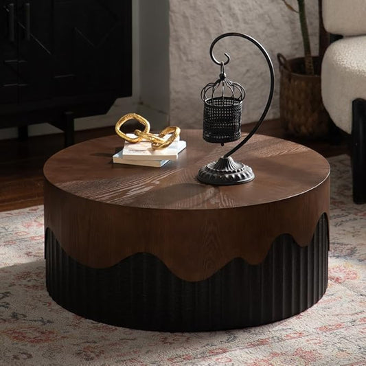 30.31" Round Coffee Table for Living Room Circle Coffee Table Modern Fluted Coffee Tables Cake Center Tables for Apartment No Assembly Black & Brown