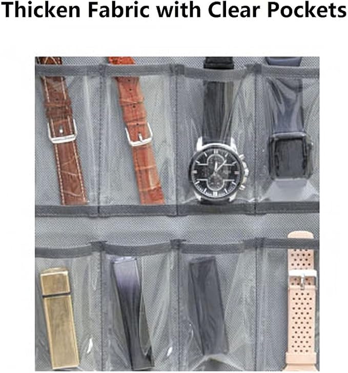 Hanging Watch Band Organizer Watch Bands Straps Accessories Holder Watches Storage Display Case with 28 Clear Pockets (GREY)-NeatNest