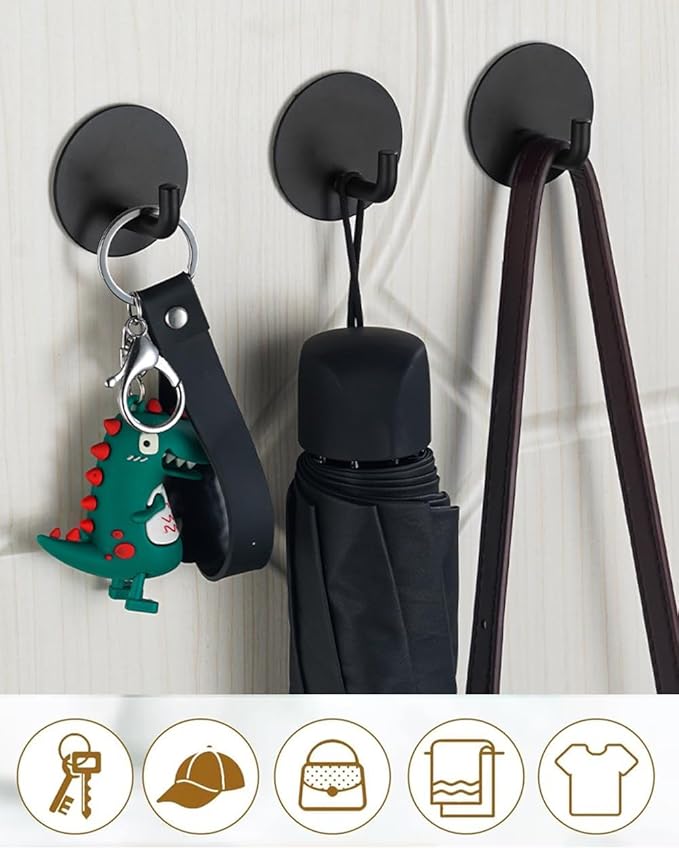 8 Pack Adhesive Towel Hooks for Bathroom, Stick on Hooks Bathroom Kitchen for Walls No Damage, Sticky Hook for Hanging Coat Robe, Black