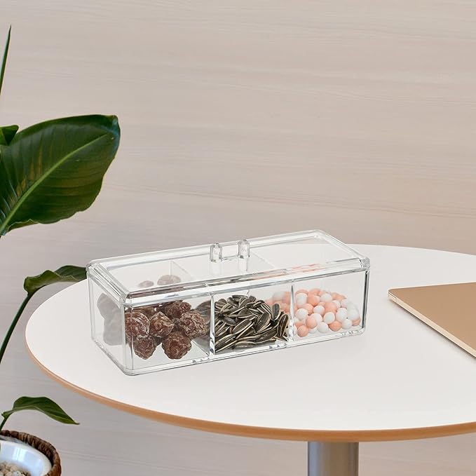 dedoot Plastic Drawer Organizer, Clear Acrylic Vanity Desk Storage and Organizer, 3 Compartment Make Up Holder with Lid Bathroom Display Storage Container for Jewelry, Small Items, 9.17x3.7X3.46 Inch-NeatNest