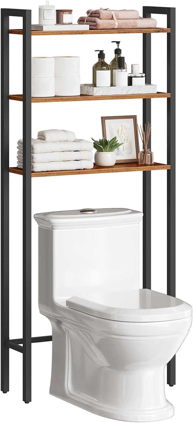 HOOBRO Over-The-Toilet Storage, 3-Tier Bathroom Organizer Over Toilet, Wooden Bathroom Shelves, Space Saver, Freestanding Storage Shelf, Easy to Assemble, Rustic Brown and Black BF41TS01
