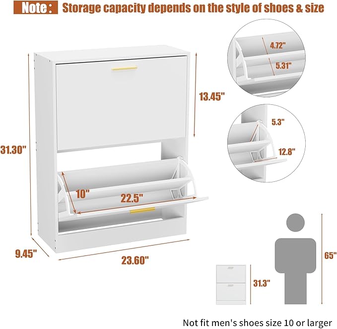 JOZZBY Shoe Cabinet Storage for Entryway, Slim White Hidden Shoe Organizer Cabinet with 2 Flip Drawers, Wooden Narrow Shoe Rack with 2 Tier Freestanding for Hallway, Living Room-NeatNest