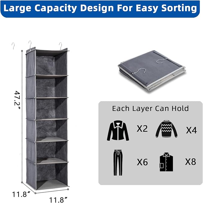 6-Shelf Hanging Closet Organizer and Storage, Collapsible Hanging Shelves for Closet with 2 Side Pockets, Hanging Shoe Organizer to Saving Space,Grey-NeatNest