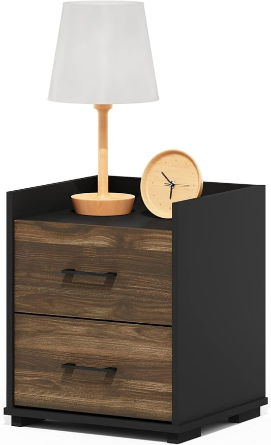 Furinno End Side Night Stand Modern Bedroom Bedside Tables Handle 2 Chest Nightstand, 1-Pack Drawer, Columbia Walnut/Black