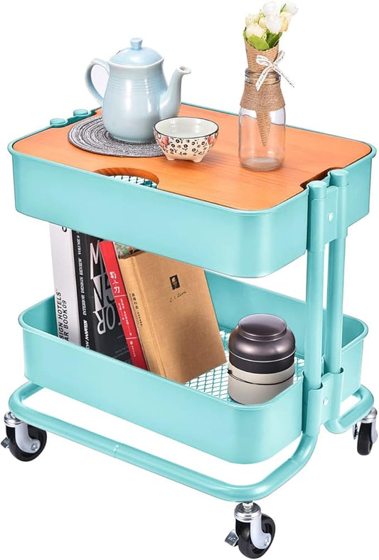 Melody House 2-Tier Metal Utility Rolling Cart, Storage Side End Table with Cover Board