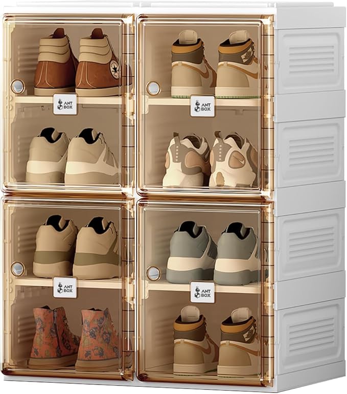 ANTBOX Shoe Organizer Storage Box, Portable Folding Shoe Rack For Closet With Magnetic Clear Door,Large Sneaker Cabinet Bins All-in-one Sturdy Easy Assembly 4 Layers-8 Grids-NeatNest
