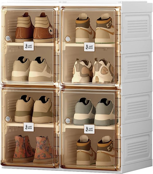 ANTBOX Shoe Organizer Storage Box, Portable Folding Shoe Rack For Closet With Magnetic Clear Door,Large Sneaker Cabinet Bins All-in-one Sturdy Easy Assembly 4 Layers-8 Grids-NeatNest