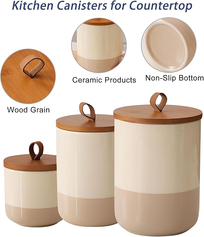 Coffee Canister, Ceramic Food Storage Jars with Lids Salt Matcha Container Brown Sugar Container Bowl for Kitchen Tea, Coffee Beans, Spice (#001Khaki-Set of 3)-NeatNest