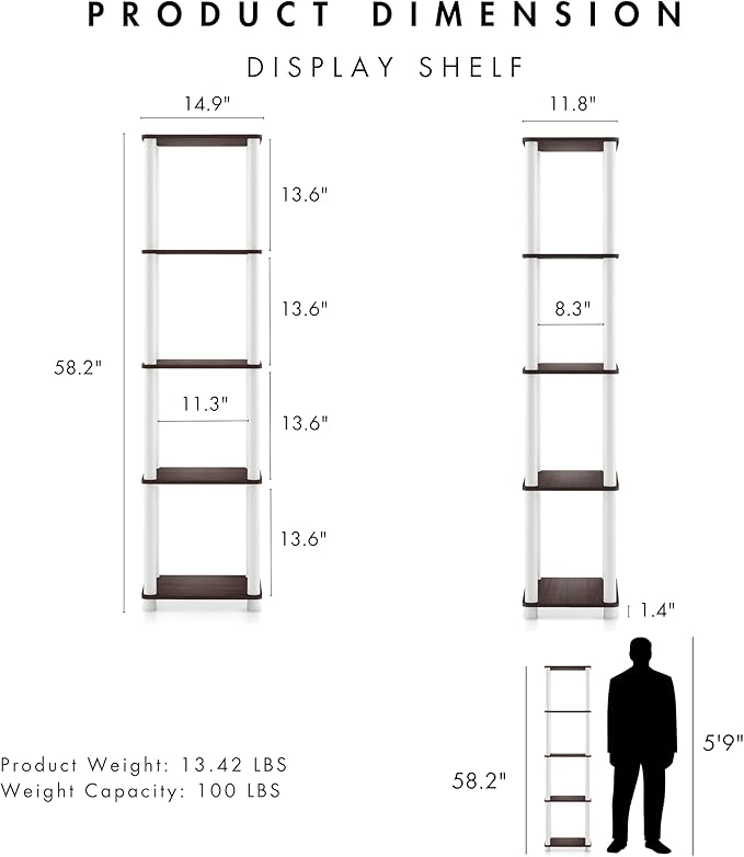 HOMES: Inside + Out Apexa Modern 5-Tier Narrow Shelving Units, Collectibles Display Shelves, Easy Assembly Standing Shelf, Home Storage Organizer for Living Room, Bedroom, Office, Espresso
