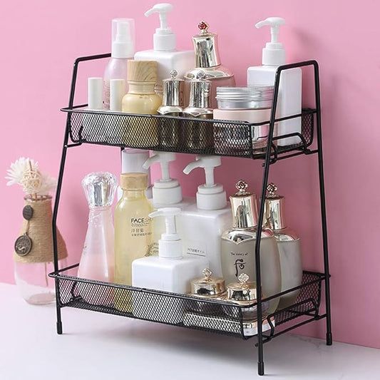 Metal 2 Tier Spice Storage Rack for Kitchen, Countertops, Cabinets, Organizer for Bathroom,Basket for Office and Home, Black