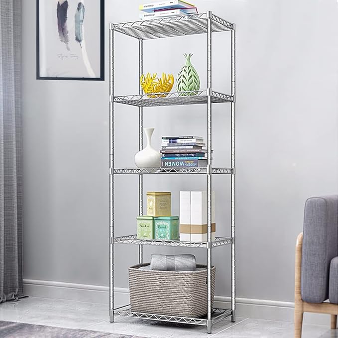 5 Tier Narrow Wire Shelving Unit with NSF Certified, Adjustable Metal Shelf, Tall Storage Shelves for Small Spaces, Laundry, Bathroom, Kitchen, Pantry, 18"D X 21.5"W X 71"H, Chrome