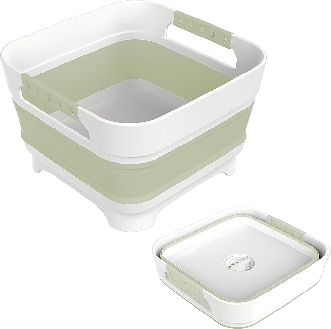 2.4 Gal Collapsbile Wash Basin with Drian Plug,9L Dish Pan for Soaking Baby Bottles,Portable Sink, Multiuse Foldable Bucket,Ice Beverage Tubs for Camping, Vegetable Washing, RV (Green)-NeatNest