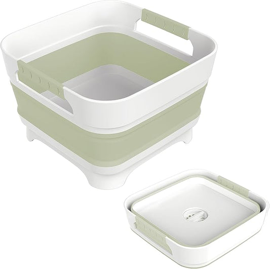 2.4 Gal Collapsbile Wash Basin with Drian Plug,9L Dish Pan for Soaking Baby Bottles,Portable Sink, Multiuse Foldable Bucket,Ice Beverage Tubs for Camping, Vegetable Washing, RV (Green)-NeatNest