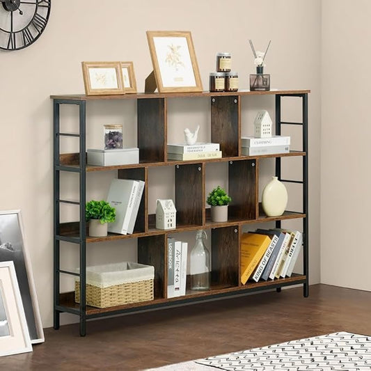 CAPHAUS 10 Cube Storage Organizer, 55” Wide 3 Tier Rustic Oak Industrial Open Shelf Bookcase, Display Shelf, Horizontal Bookshelf with Metal Frame, Wooden Board, for Living Room, Bedroom, Office-NeatNest