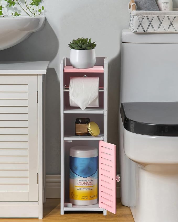 AOJEZOR Toilet Paper Holder Stand: Small Bathroom Storage Cabinet Mini - Rose Dawn/White-NeatNest