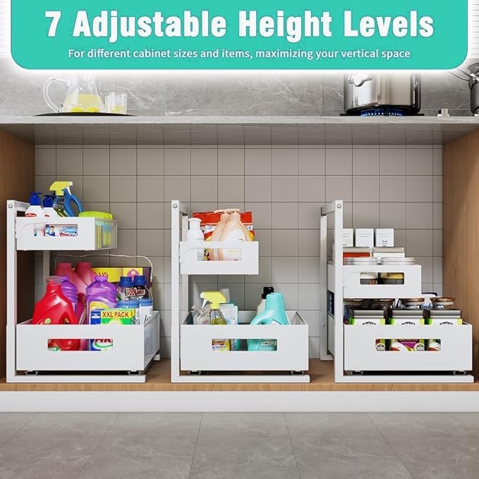 Under Sink Organizer Adjustable Height 2 Tier Bathroom Organizer Pull Out Cabinet Organer kitchen organizers and storage fridge organizers and storage,White,XL-1 Pack-NeatNest
