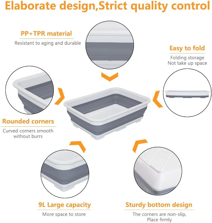 Collapsible Dish Pans – 10L (2.6 Gal) Foldable Sink Tub, 14.5'' x 10.5'' x 5", Compact and Space-Saving Multiuse Foldable Basin for Dish Washing, Camping, RV and Vegetable Cleaning-NeatNest