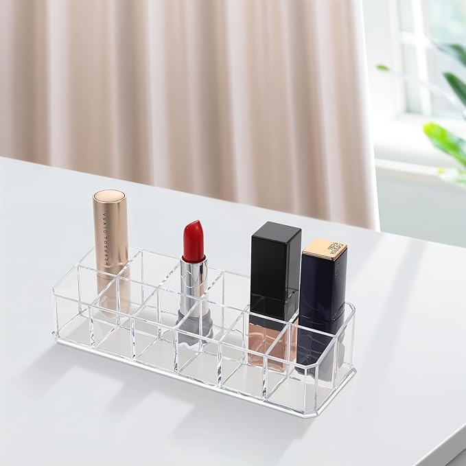 4-Pack 12-Slot Acrylic Lipstick Organizer, Lipstick Holder, Lip Gloss Organizer, Cosmetic Storage Display, Perfect Storage Solution for Drawer, Vanity, Bathroom, and More-NeatNest