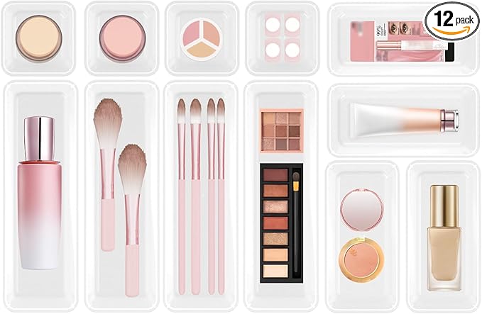 12 PCS Plastic Drawer Organizer Set, Sturdy 3-Size Makeup Vanity Desk Drawer Organizer Trays and Storage Bins for Cosmetics, Junk and Gadgets – Ideal for Bathroom, Bedroom, Office and Kitchen-NeatNest