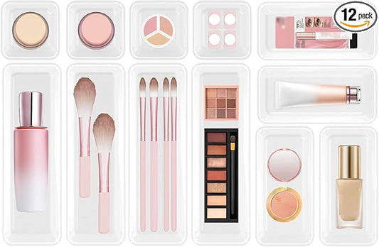 12 PCS Plastic Drawer Organizer Set, Sturdy 3-Size Makeup Vanity Desk Drawer Organizer Trays and Storage Bins for Cosmetics, Junk and Gadgets – Ideal for Bathroom, Bedroom, Office and Kitchen-NeatNest