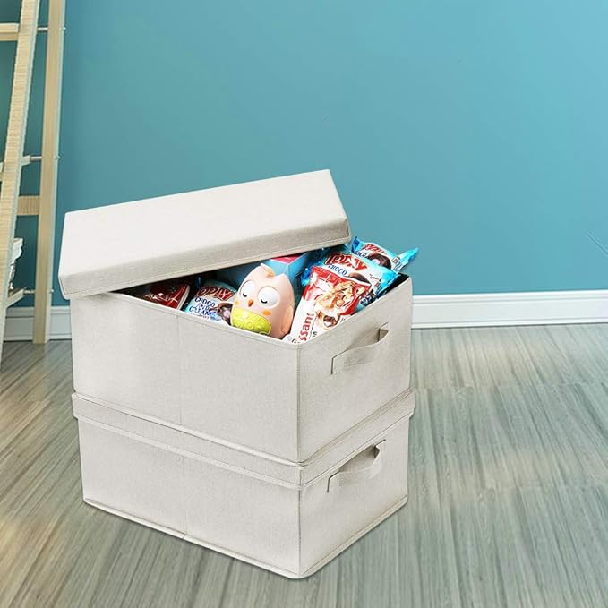 HOONEX Foldable Storage Bins with Lids, 2 Pack, Storage Boxes with Carrying Handles and Sturdy Heavy Cardboard, 16.5" L x 11.8" W x 7.5" H for Shoes, Books, Clothes, Linens, Beige-NeatNest
