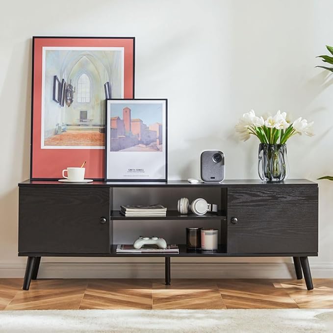 Homee TV Stand for Living Room, Television Stands Entertainment Center Cabinet with Storage for TV up to 60 Inches, 58 Inch, Black-NeatNest