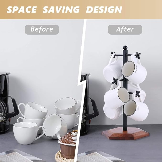 Coffee Mug Holder, Mug Tree for Counter, Cup Holder with 6 Floral Hooks, Wooden Mug Rack, Mug Stand for Counter, Coffee Bar Station Organizer, Black-NeatNest