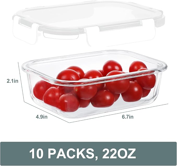 10 Packs 22 oz Glass Meal Prep Containers, Glass Food Storage Containers with Lids, Airtight Lunch Boxes BPA Free, Microwave and Freezer Safe, White