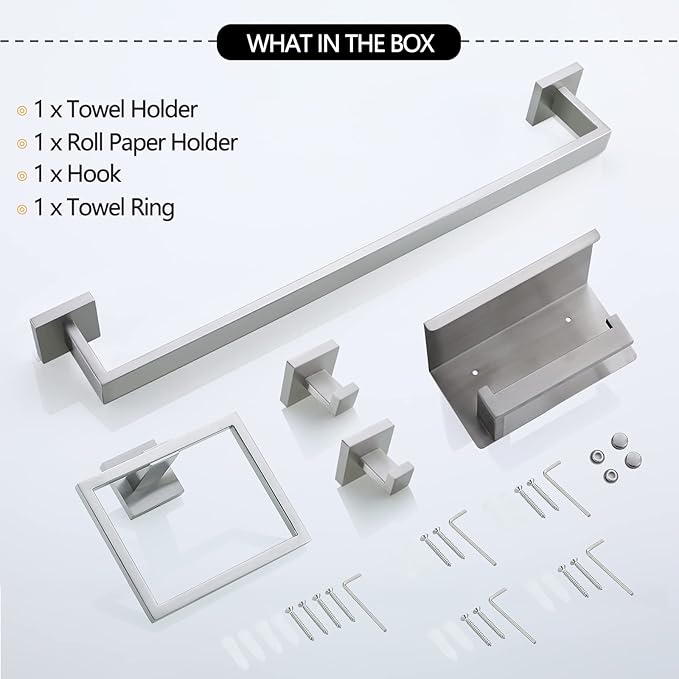 Brushed Nickel Bathroom Towel Bar Set Bathroom Accessories Hardware Set Including Towel Bar Towel Ring Coat Hook and Toilet Paper Holder with Shelf. Wall Mounted Stainless Steel-NeatNest