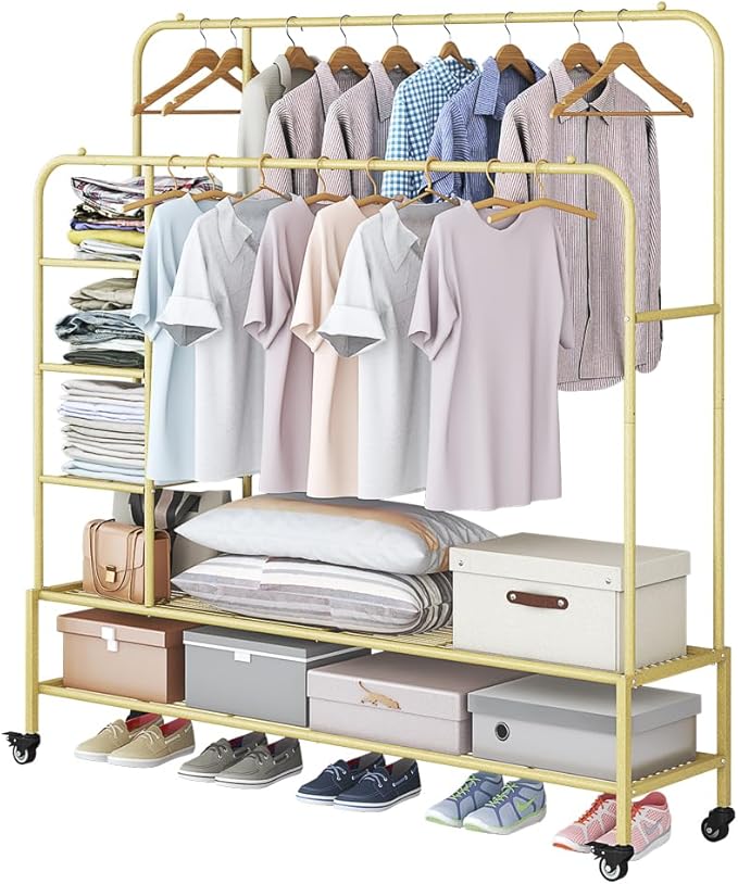 Garment Rack for Hanging Clothes Rack Heavy Duty Portable with Bottom Metal Shelf Drying Coats Shirt,Black (Gold+Double Rods+Shelf)-NeatNest