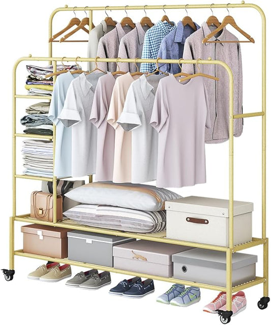 Garment Rack for Hanging Clothes Rack Heavy Duty Portable with Bottom Metal Shelf Drying Coats Shirt,Black (Gold+Double Rods+Shelf)-NeatNest