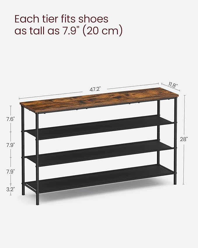 VASAGLE Shoe Rack, 4-Tier Shoe Storage Organizer for Entryway and Closet, Holds 15-18 Pairs of Shoes, 3 Fabric Shelves, Steel Frame, Industrial, Rustic Brown and Black ULBS135B01-NeatNest