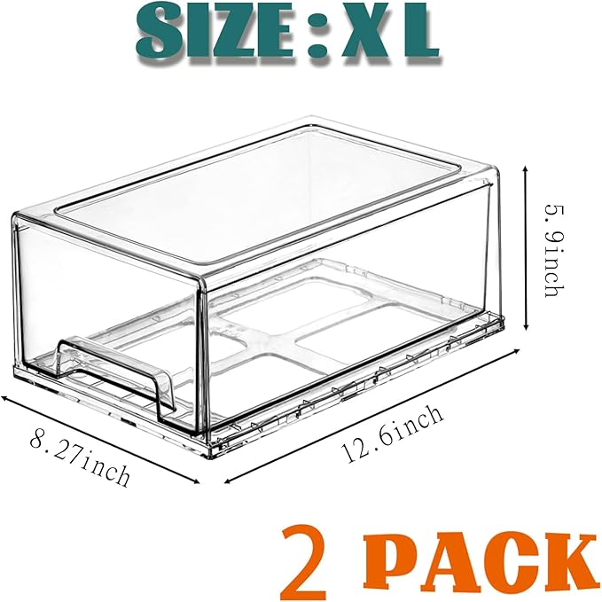 PeJeyiee Clear Stackable Refrigerator Organizers and Storage Drawers - Pull-Out Fridge Bins with Anti-Slip Base & Easy Clean, Plastic Organizers for Kitchen Pantry Cabinet Closet ﻿ (2XL)-NeatNest