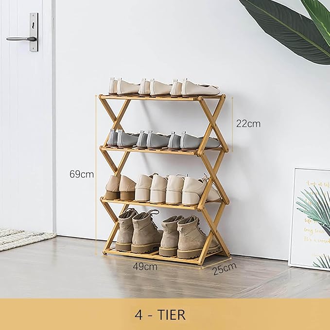 4 Tier Bamboo Shoe Rack,Portable Folding Shoe Storage Rack,Without Installation Small Shoe Rack Perfect for Corridors, Bedrooms and Small Spaces (4 Tier)-NeatNest