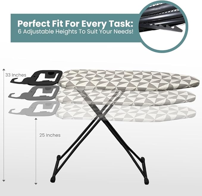 Ironing Board with Hanger, Adjustable Height & Safety Stand for Small Spaces