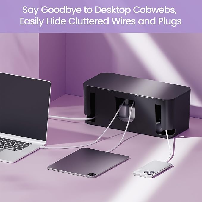 Delamu 2 Pack Cable Management Box, Stylish Cord Organizer for Desk, Pet & Child-Proof ABS Cords Hider Box, Under Desk Cable Box for Computer Router USB Hub & Power Strip, Black