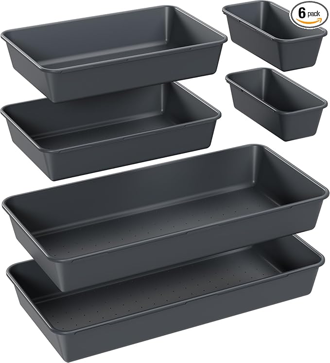 6 PCS Large Drawer Organizer, 3 Sizes Plastic Versatile Desk Drawer Organizer Trays, Kitchen Drawer Organization and Plastic Storage Bins for Makeup, Vanity, Kitchen, Utensils, Office, Bathroom-NeatNest
