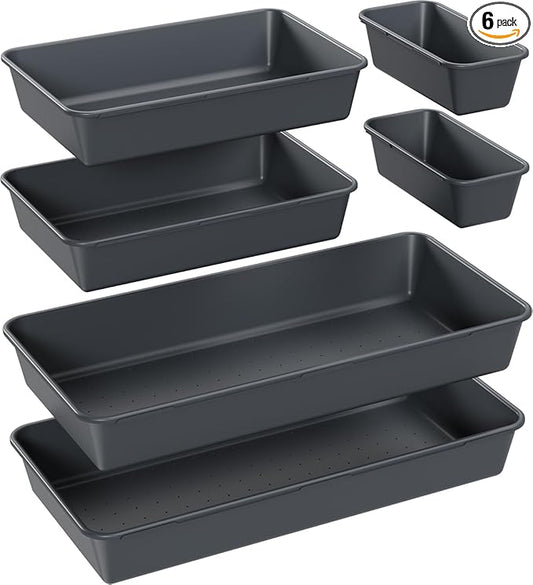 6 PCS Large Drawer Organizer, 3 Sizes Plastic Versatile Desk Drawer Organizer Trays, Kitchen Drawer Organization and Plastic Storage Bins for Makeup, Vanity, Kitchen, Utensils, Office, Bathroom-NeatNest