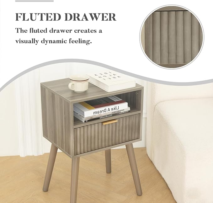 Grey Nightstand, Modern Night Stand Wood, Fluted Bedside Table with Solid Wood Legs for Bedroom, Dorm and Small Space (Grey)
